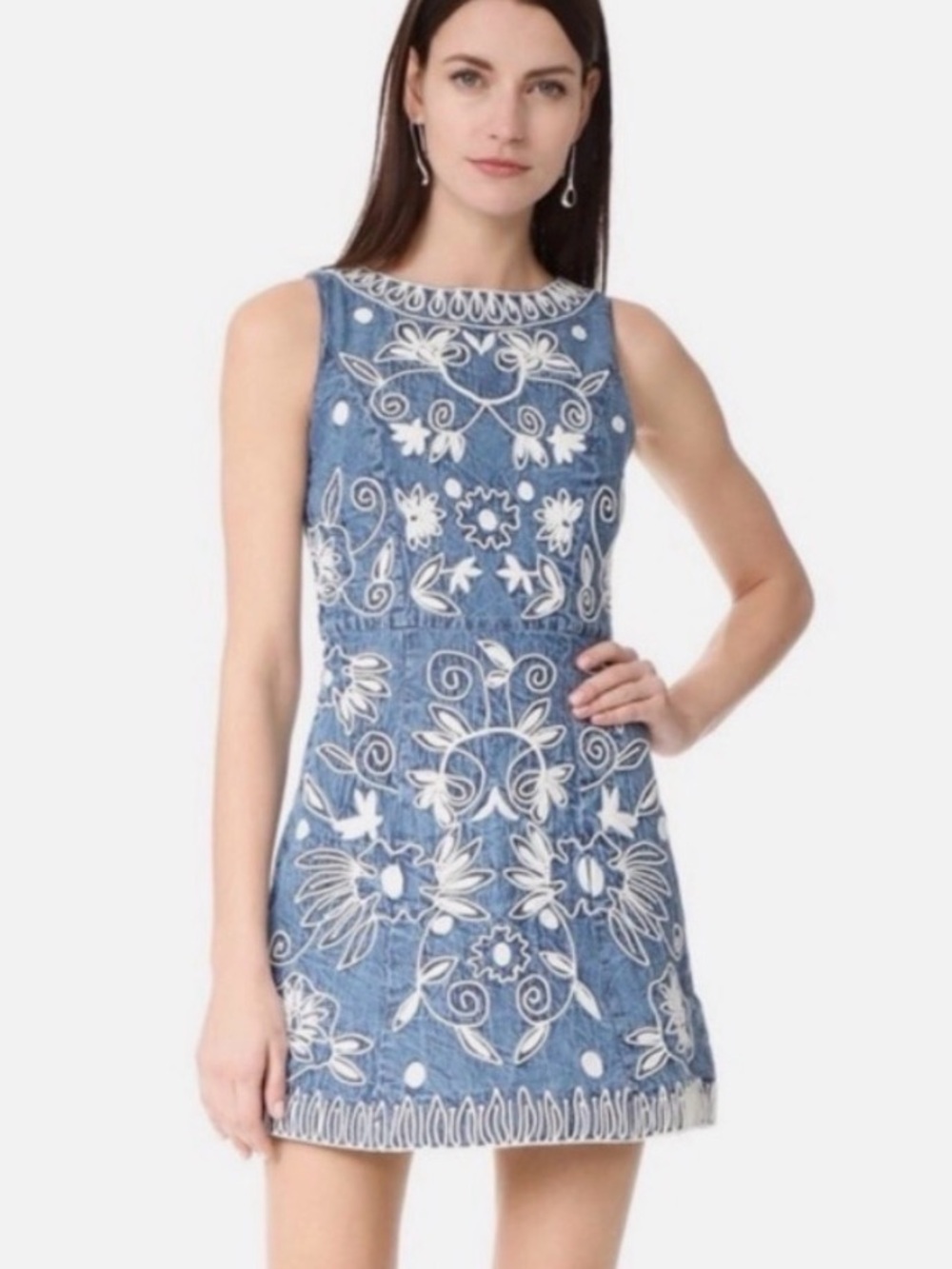 Alice + Olivia Lindsey Embroidered Mini Dress Blue Chambray Size 0 (estimated)